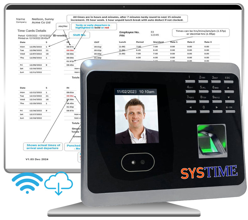No Subscription - CLOUD software with Face, Finger & RFID Time Clock & WIFI (FE2000W3yr)