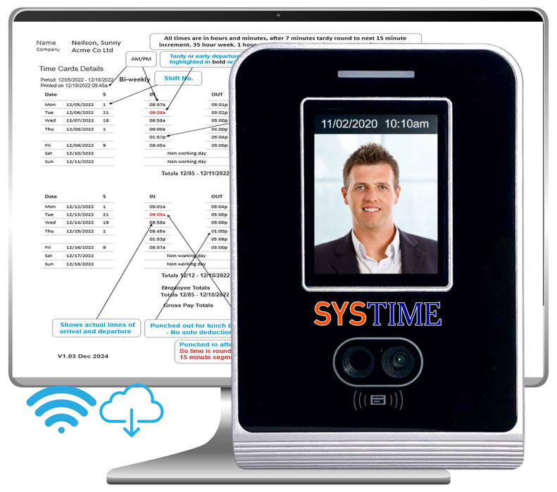 No Subscription - CLOUD software with face recognition Time Clock & WIFI (FE2073w3yr)