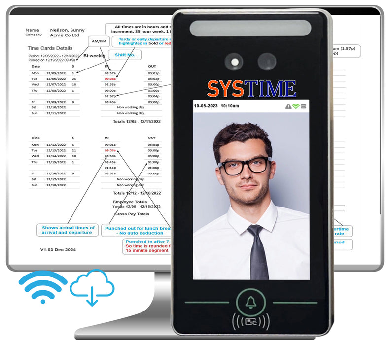 No Subscription - CLOUD software with Face, Palm & RFID Time Clock & WIFI (FE2083W3yr)